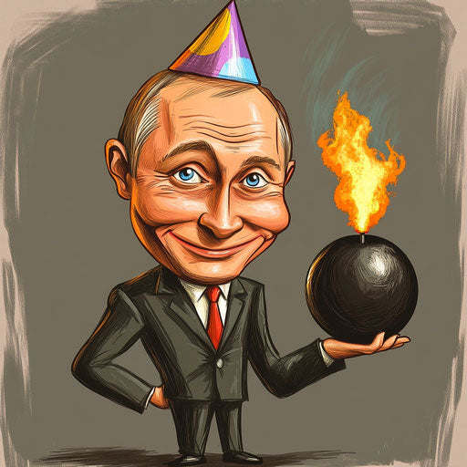 Humorous caricature of a Vladimir Putin with human characteristics, wearing a party hat
