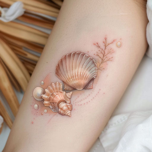 Delicate seashell and pearl tattoo on white canvas