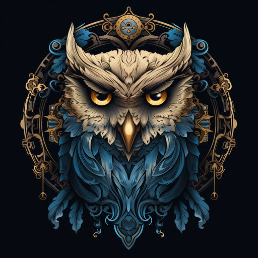 Owl mandala coloring, lovecraftian and rococo style