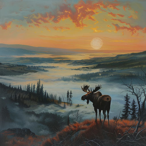 Moose on misty hill at sunrise