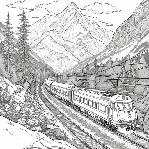 Scenic train route with majestic mountains - Coloring book page