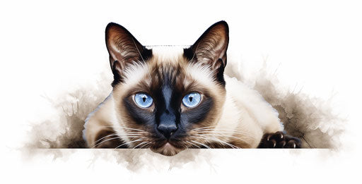 Siamese cat with blue eyes on white background, dark maroon and beige style