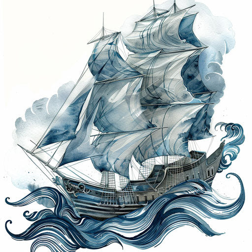 Neo-traditional ship sailing stormy seas