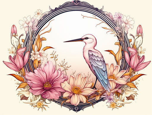 Hummingbird and flowers in oval frame in black ink, tattoo-inspired chic