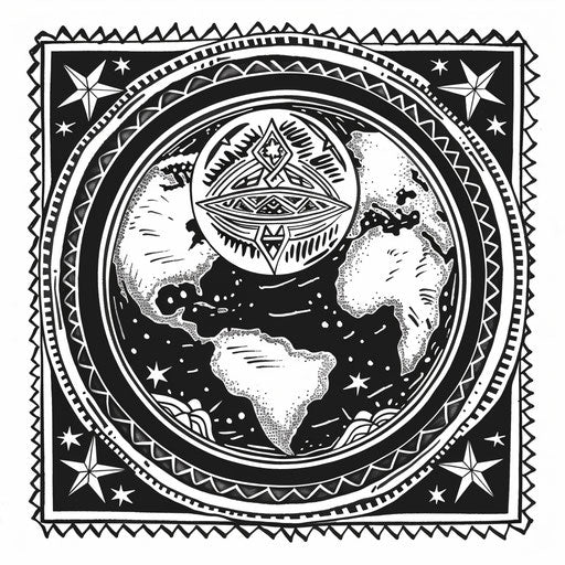 Earth depicted in a folk art style with traditional patterns.