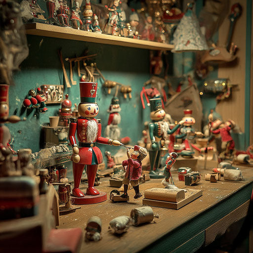 Whimsical Nutcracker workshop with elves repairing and painting old figures for holiday displays.