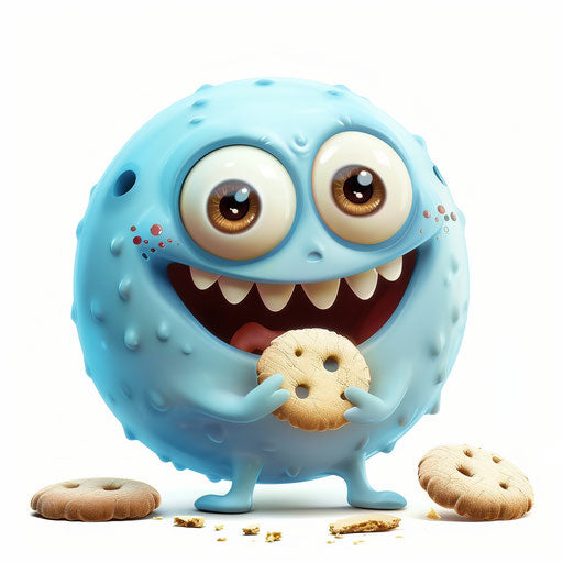 Cute emoji with blue character eating cookies
