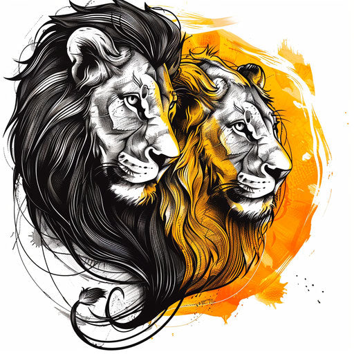Bold tattoo sketch of a lion king and lioness queen, majestic manes in golden yellow, clipart style