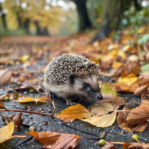 Hedgehog on autumn walk among fallen leaves