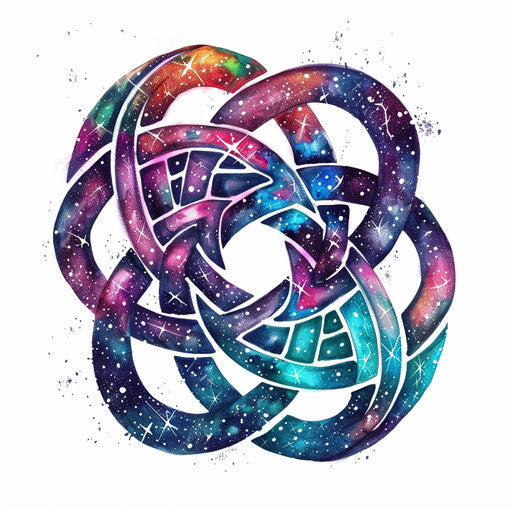 Celtic knot tattoo with cosmic theme on white background
