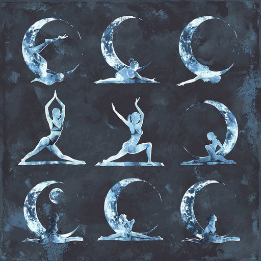 Tranquil sketch of yoga poses transitioning like moon phases, in silver and blue