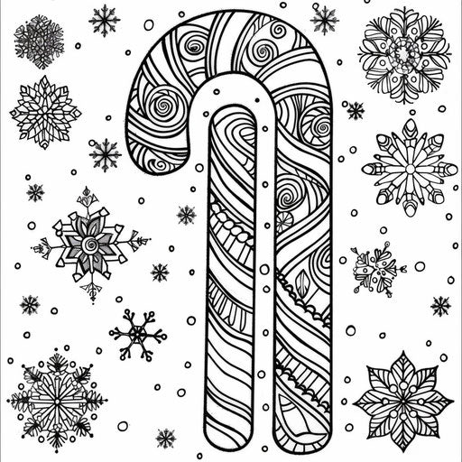 Intricate candy cane surrounded by snowflakes