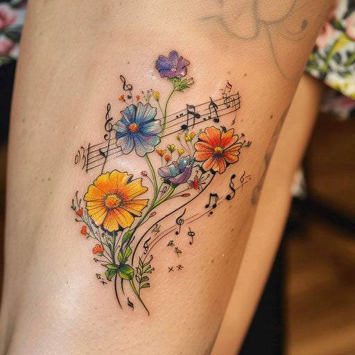 Wildflower tattoo with musical notes, vibrant colors, flowing design, harmonious