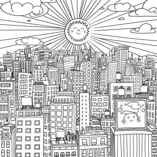 Cheerful sun over bustling cityscape