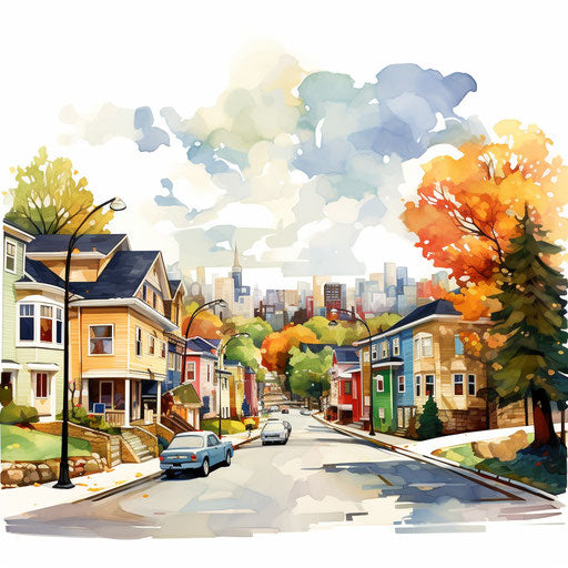 Neighborhood clipart in oil painting style, on white background
