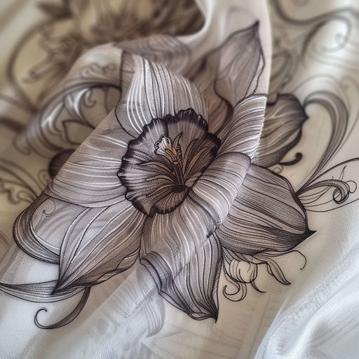 Delicate henna-inspired narcissus flower tattoo on white silk cloth