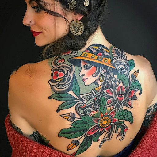 Colorful back tattoos for women with traditional American themes