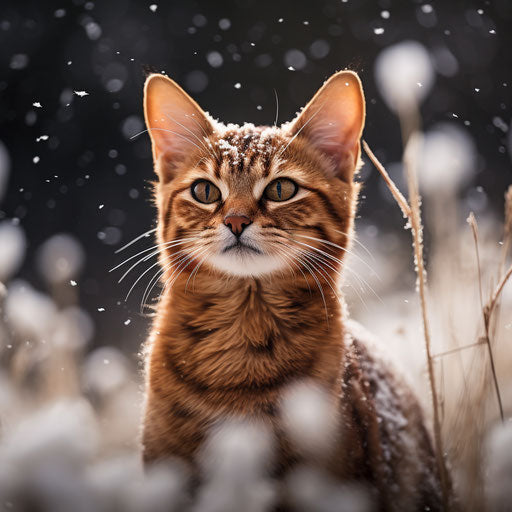 Abyssinian cat in a field during snowfall