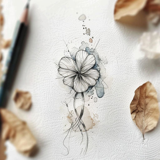 Elegant tattoo sketch with clover and delicate watercolor splashes