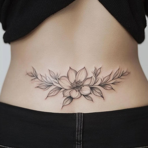 Women's lower back tattoos on pure white background, Ramos style