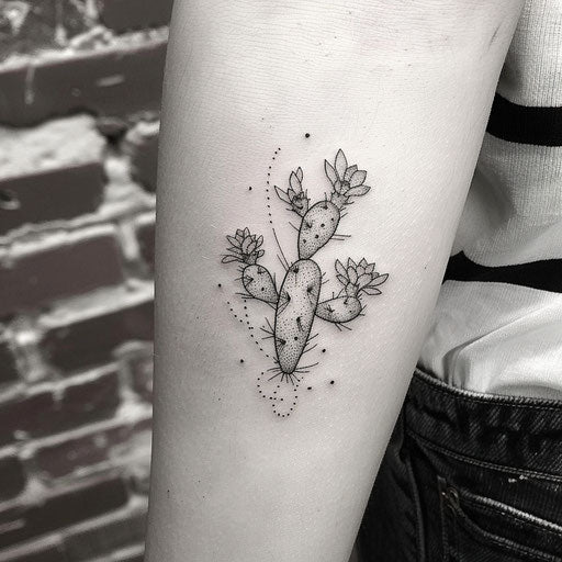 Abstract small cactus flower tattoo design in bold ink strokes on a white surface