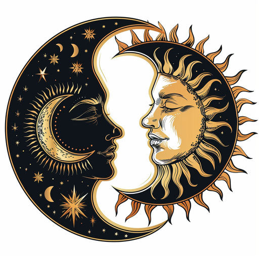 Sun and moon clipart in photo realistic style with flat random background, glossy finish and sharp outlines