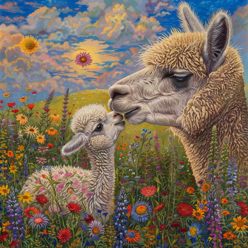 Alpaca mother and newborn in a field of wildflowers