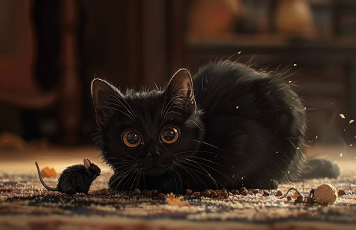 A black cat playing with a mouse on the carpet