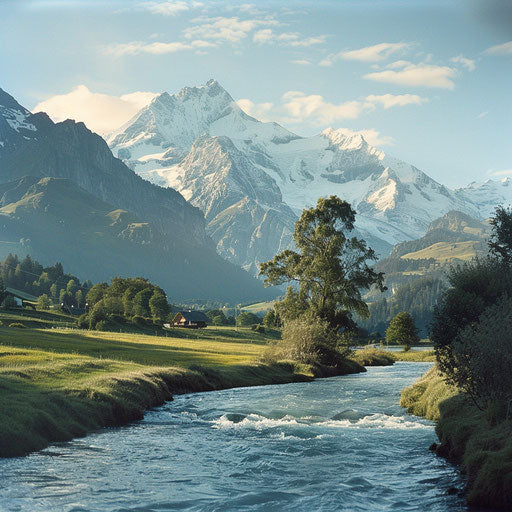 The Alps with a river flowing in the foreground, in the style of Chris Burkard