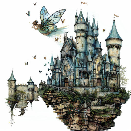 Fairy tale castle with fairy landing, magical kingdom