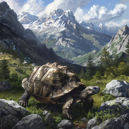 Texan tortoise navigating rugged snowy mountains