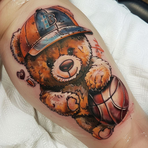 Teddy bear tattoo with sports themes