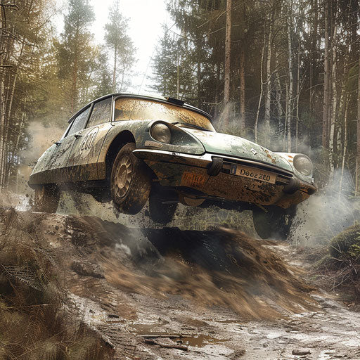 Modified Citroen DS 20 jumping over forest hill