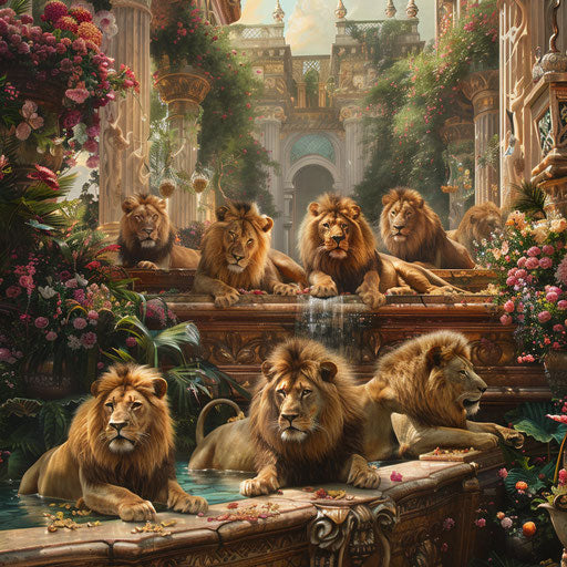 Luxurious scene of lions in a palace garden