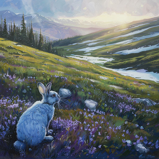 White rabbit basking in the morning sun on a snowy high-altitude meadow