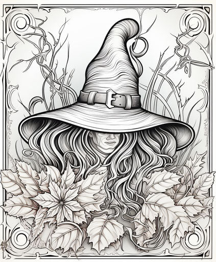 Witch hat with broom in adult halloween coloring pages