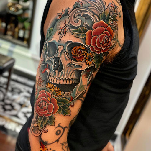 Elbow tattoo with skull and roses in Ed Hardy style