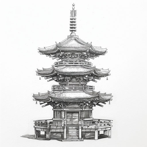 Japanese pagoda sketch, intricate pen illustrator style