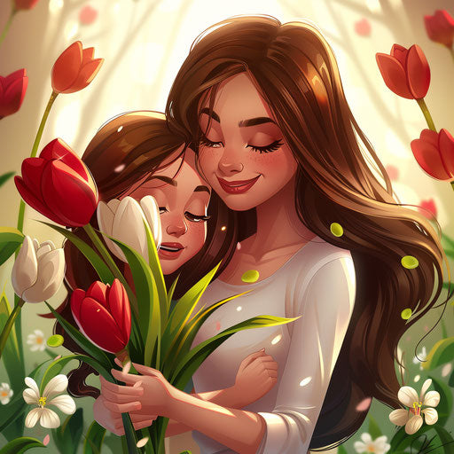 Mother's Day clipart in photorealistic style with flat random background, glossy finish, and sharp outlines