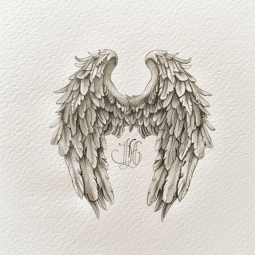 Angel wings enveloping initials on white background