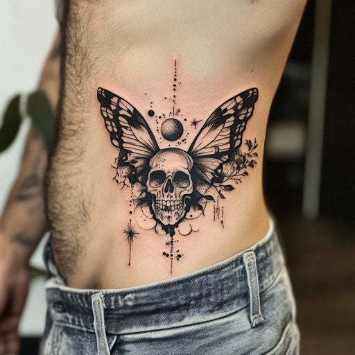 Skull butterfly tattoo on ribcage with cosmic elements