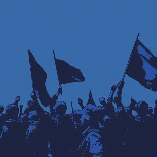 Realistic protest clipart flourishes on flat indigo background