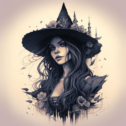 the witch with long hair and a witch hat tattoo