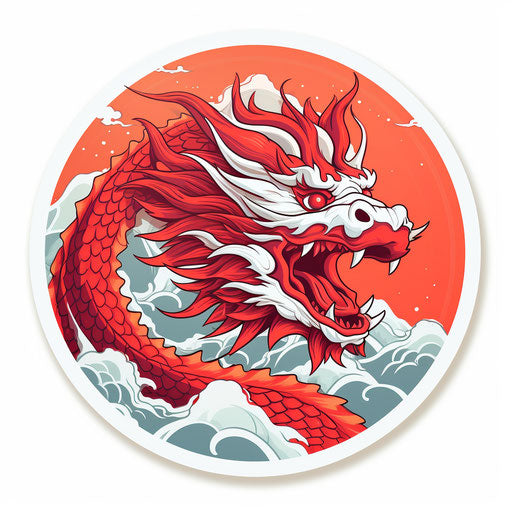 Red dragon sticker on white background, northern and southern dynasties style, dreamy symbolism