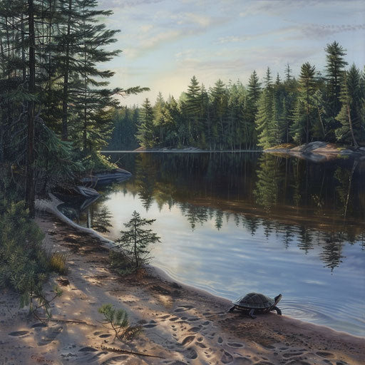 Secluded sandy beach by forested lake, wood turtle emerges from underbrush to explore water edge, pine trees reflected in calm water.