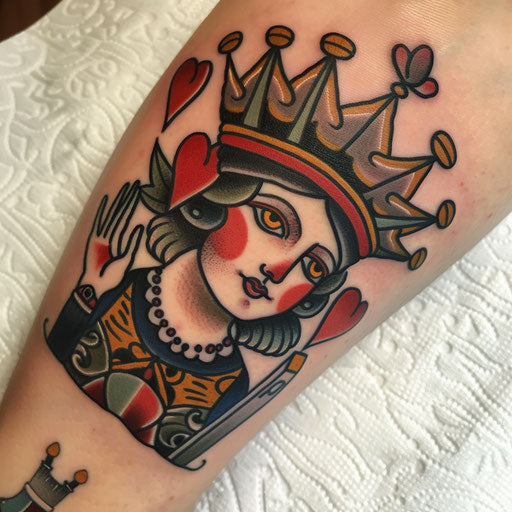 Vintage Queen of Hearts tattoo on white surface