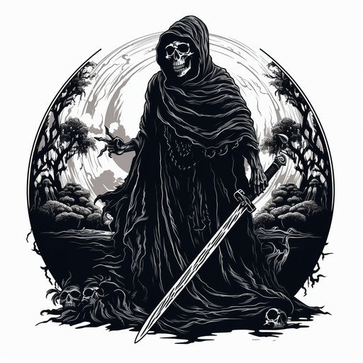 The large grim reaper with a sword, hand drawn illustration