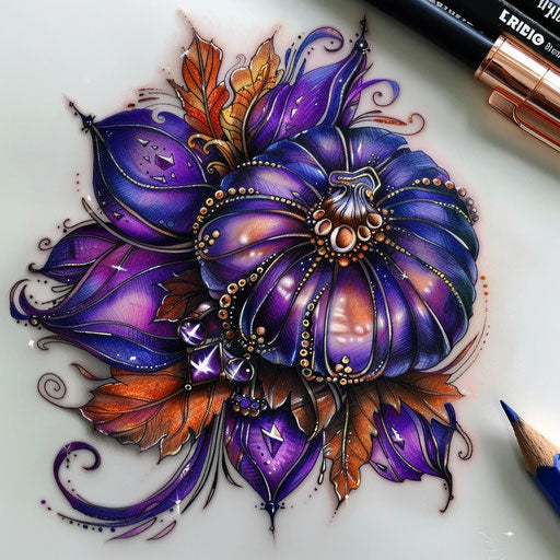 Luxurious tattoo sketch of a pumpkin with jewel-like details in rich, shimmering colors
