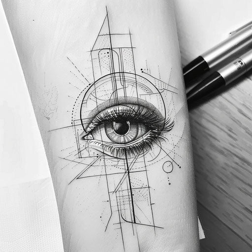 Contemporary flat tattoo sketch of an eye with a single line and geometric elements