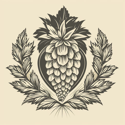 Artisanal brewery emblem with stylized barley and hop